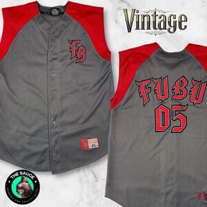Vintage FUBU Sleeveless Baseball Jersey Mens Lrg Grey Red 90s Hip Hop Y2K Retro
